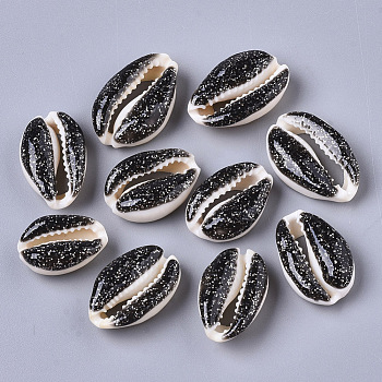 Natural Cowrie Shell Beads, with Epoxy Resin and Glitter Powder, Undrilled/No Hole, Black, 17~22x11~14x7~8mm