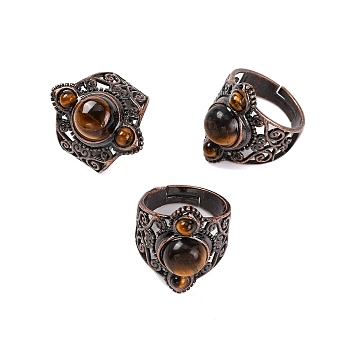 Natural Tiger Eye Retro Finger Rings, Adjustable Brass Rings for Women, 25.5mm, Inner Diameter: 19mm