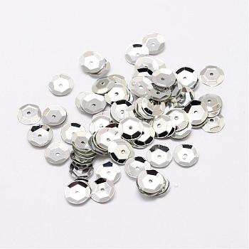Plastic Paillette Beads, Semi-cupped Sequins Beads, Center Hole, Silver, 6~7x0.5mm, Hole: 1mm