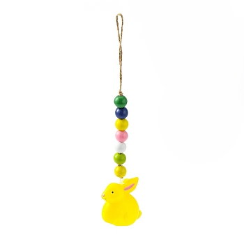 Easter Theme Plastic Rabbit Pendant Decorations, with Hemp Rope & Wooden Beads, Yellow, 260mm