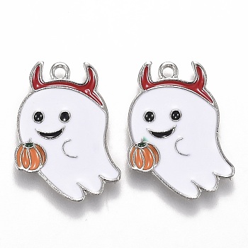 Halloween Theme Alloy Enamel Pendants, White Ghost with Pumpkin Lantern, Platinum, 21.5x17x1.5mm, Hole: 1.6mm