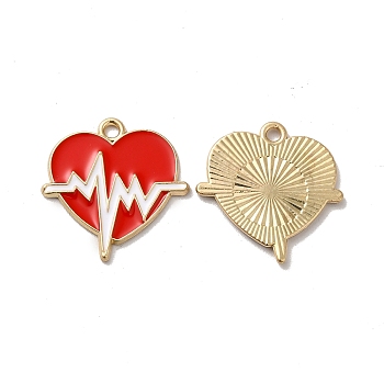 Alloy Enamel Pendants, Golden, Heart with Heartbeat Charm, Red, 21x21x1.5mm, Hole: 1.8mm