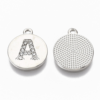 Alloy Pendants, with Crystal Rhinestone, Flat Round with Letter, Platinum, Letter.A, 15x13x1.5mm, Hole: 1.4mm