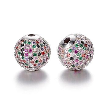 Brass Micro Pave Cubic Zirconia Beads, Round, Colorful, Platinum, 10mm, Hole: 2mm