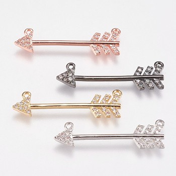 Brass Micro Pave Cubic Zirconia Pendants, Arrows, Mixed Color, 7x25x2mm, Hole: 0.8mm