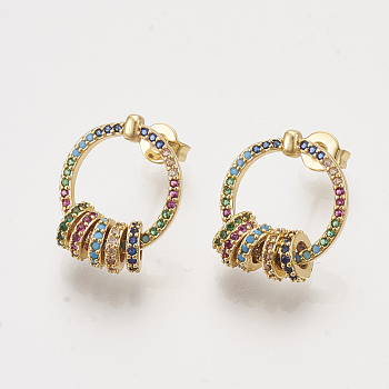 Brass Cubic Zirconia Stud Earrings, with Ear Nuts, Ring, Colorful, Golden, 18x14mm, Pin: 0.7mm