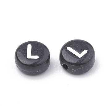 Opaque Acrylic Beads, Horizontal Hole, Alphabet Style, Flat Round, Letter.L, 7x4mm, Hole: 1.5mm, about 370pcs/50g