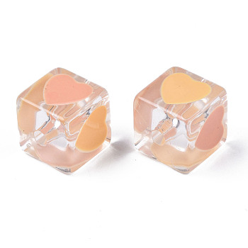 Transparent Acrylic Beads, with Enamel, Cube with Heart, Light Salmon, 14.5x14x14mm, Hole: 3mm