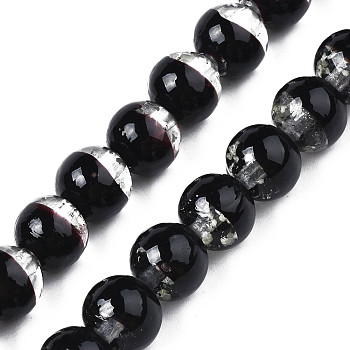 Handmade Luminous Transparent Lampwork Beads Strands, Round, Black, 9~10x10~11mm, Hole: 1.2mm, about 50pcs/strand, 19.29 inch~19.69 inch(49cm~50cm)