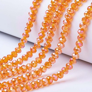 Electroplate Glass Beads Strands, AB Color Plated, Faceted, Rondelle, Dark Orange, 4x3mm, Hole: 0.4mm, about 123~127pcs/strand, 16.5~16.9 inch(42~43cm)