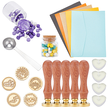 CRASPIRE DIY Wax Seal Stamp Kits, Including Brass Wax Seal Stamp, Wood Handle, Sealing Wax Particles, Paper Envelopes, Candles, 304 Stainless Steel Spoon, Mixed Color, Sealing Wax Particles: 0.9x0.9cm, 2 colors, 30g/color, about 90pcs/color, 180pcs/set