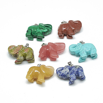 Natural & Synthetic Mixed Stone Pendants, with Stainless Steel Snap On Bails, Elephant, 24~28x34~38x14~17mm, Hole: 6x4mm