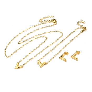 Letter V 304 Stainless Steel Pendant Necklaces & Bracelets & Stud Earrings Sets for Women, Golden, 7.44 inch(189mm)
