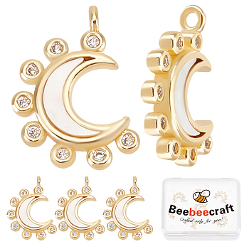 8Pcs Brass Micro Pave Clear Cubic Zirconia Charms, with Shell, Moon, Real 18K Gold Plated, 13x11x2mm, Hole: 1mm