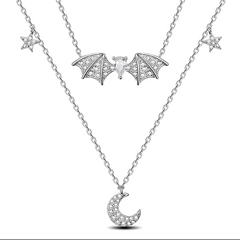SHEGRACE Rhodium Plated 925 Sterling Silver Double Layer Necklaces, Pendant Necklaces, with Clear Grade AAA Cubic Zirconia, Bat with Moon, Platinum, 14.17inch(36cm)