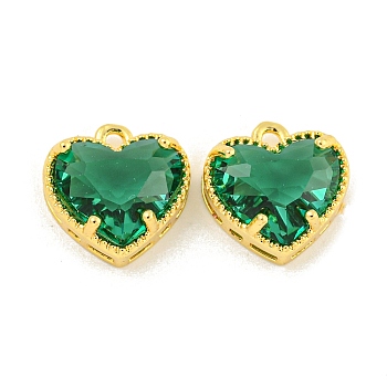 Rack Plating Brass Charms, with Glass, Long-Lasting Plated, Lead Free & Cadmium Free, Heart, Real 18K Gold Plated, Green, 12x12x5.5mm, Hole: 1.2mm