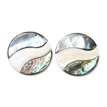 Natural Freshwater Shell & Black Lip Shell & Paua Shell Pendants, Flat Round Charms, 49~49.5x4.5~5mm, Hole: 1.8mm