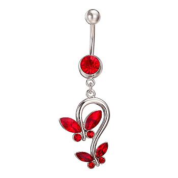 Piercing Jewelry Real Platinum Plated Brass Rhinestone Double Butterfly Navel Ring Belly Rings, Siam, 51x17mm, Bar Length: 3/8"(10mm), Bar: 14 Gauge(1.6mm)