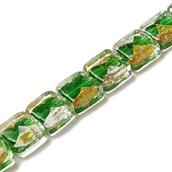 Handmade Gold Sand and Silver Sand Lampwork Beads, Square, Green, 12.5~13x12x6~6.5mm, Hole: 1~1.2mm
