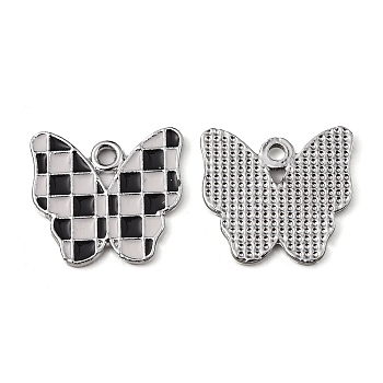 Alloy Enamel Pendants, Butterfly with Tartan Pattern Charm, Black and White, Platinum, 17x18.5x1.5mm, Hole: 2mm