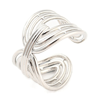 Brass Hollow Oval Open Cuff Rings, Lead Free & Cadmium Free, Platinum, US Size 7 1/4(17.5mm)
