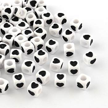 Opaque Acrylic European Beads, Large Hole Cube Beads, with Heart Pattern, Black, 7x7x7mm, Hole: 4mm, about 1900pcs/500g