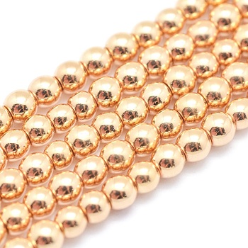 Electroplate Non-magnetic Synthetic Hematite Beads Strands, Grade AAA, Long-Lasting Plated, Round, Light Gold Plated, 12mm, Hole: 1.2mm, about 36pcs/strand, 15.7 inch(40cm)