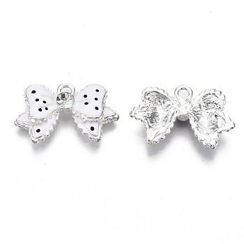 Alloy Enamel Pendants, with Rhinestone, Bowknot, Silver Color Plated, White, 16x25x5mm, Hole: 1.5mm