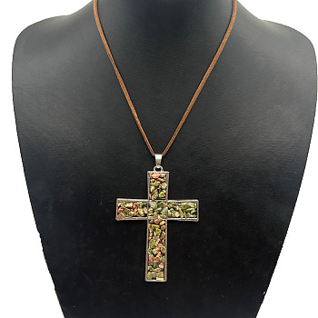 Eco-friendly Zinc Alloy & Natural Chip Unakite Handmade Cross Pendant Cord Necklaces for Women Men, Platinum, 