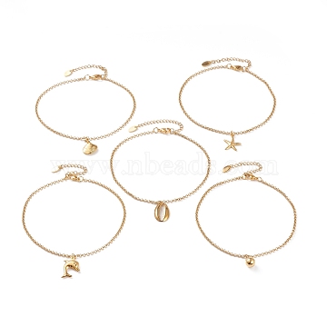 Ocean Theme Vacuum Plating 304 Stainless Steel Charm Anklets, with Rolo Chains and Lobster Claw Clasps, Mixed Shapes, Golden, 9-7/8 inch(25cm)(AJEW-AN00359)