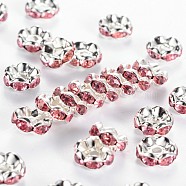 Rhinestone Spacer Beads, Grade A, Pink, Silver Color Plated, Nickel Free, Size: about 8mm in diameter, 3.8mm thick, hole: 1.5mm(RSB030NF-07)