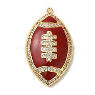 Rack Plating Brass Enamel with Cubic Zirconia Pendant, Cadmium Free & Lead Free, Long-Lasting Plated, Rugby, FireBrick, 37x22x1.6mm, Hole: 1.2mm(KK-A229-32G-06)