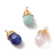 Natural Mixed Gemstone Wire Wrapped Pendants, with Golden Plated Copper Wire, Faceted, Teardrop, 18~19x10~10.5mm, Hole: 2~3mm(PALLOY-JF00527)