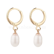 Natural Pearl Drop Hoop Earrings, Brass Jewelry for Women, Light Gold, Seashell Color, 25~26mm, Pin: 0.8mm(EJEW-SZ0001-60A)