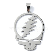 304 Stainless Steel Pendants, Laser Cut, Grateful Dead Head Skull with Lightening Bolt Charm, Stainless Steel Color, 39x27.5x1mm, Hole: 7x4mm(STAS-C097-11P)