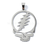 Non-Tarnish 304 Stainless Steel Pendants, Laser Cut, Grateful Dead Head Skull with Lightening Bolt Charm, Stainless Steel Color, 39x27.5x1mm, Hole: 7x4mm(STAS-C097-11P)