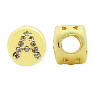 Brass Micro Pave Clear Cubic Zirconia Beads, Flat Round with Letter, Letter.A, 7.5x6.5mm, Hole: 3.5mm, 3pcs/bag(KK-T030-LA843-AX3)