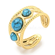Ion Plating(IP) 304 Stainless Steel Synthetic Turquoise Cuff Rings, Round Open Rings for Women Men, Real 18K Gold Plated, 10mm, Inner Diameter: Adjustable(G-Z056-06G-05)