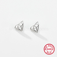 Diamond Shaped Rhodium Plated 925 Sterling Silver Stud Earrings for Women, with 925 Stamp, Platinum, 9x12mm(CC0572-1)