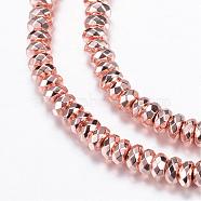 Electroplate Non-magnetic Synthetic Hematite Bead Strands, Rondelle, Faceted, Rose Gold Plated, 5.5~6x3mm, Hole: 1~1.5mm, about 130pcs/strand, 15.7 inch(G-Q465-14RG)