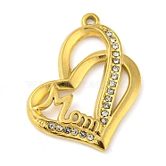 Ion Plating(IP) Real 18K Gold Plated 304 Stainless Steel Rhinestone Pendants, Heart with Word Mom Charms, for Mother's Day, Crystal, 28x24x2.5mm, Hole: 1.5mm(STAS-P341-10G-01)
