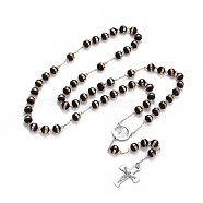 304 Stainless Steel Rosary Bead Necklaces for Easter, with Plastic Beads, Crucifix Cross and Oval with Virgin Mary, Golden & Stainless Steel Color, 29.53 inch(75cm)(NJEW-L159-03GP)