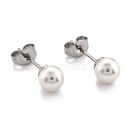 Plastic Imitation Pearl Stud Earrings, with 304 Stainless Steel Pins and Ear Nuts, Round Ball, Stainless Steel Color, 6mm, Pin: 0.6mm, 6pairs/card(STAS-D0001-03-P-A)