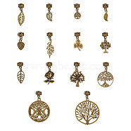 28Pcs Tibetan Style Alloy  Pendants, with Dreadlocks Braiding Beads, for Hair Styling, Leaf & Tree of Life & Clover, Antique Bronze, 25~55mm, Hole: 3.5mm, 14 style, 2pcs/style, 28pcs/set(PALLOY-PH01480)