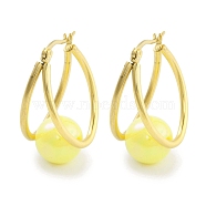 Ion Plating(IP) 304 Stainless Steel & Plastic Imitation Pearl Oval with Ball Hoop Earrings for Women, with 316 Stainless Steel Pins, Yellow, 32x15.5x19.5mm(EJEW-C096-13G-04)