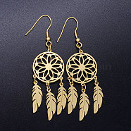 201 Stainless Steel Chandelier Earrings, Woven Net/Web with Feather, Golden, 70x20mm, Pin: 0.7mm(STAS-S105-JN358-2)
