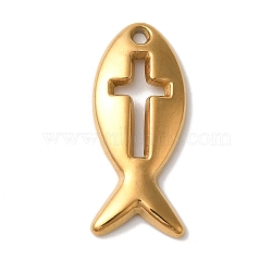 Ion Plating(IP) 304 Stainless Steel Pendants, Jesus Fish with Cross Charm, Golden, 20x8.5x2mm, Hole: 1.5mm(STAS-M017-02G)