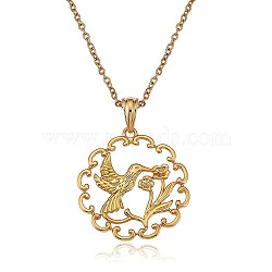 Hummingbird and Flower Pendant Necklace, Brass Jewelry for Women, Golden, 17.72 inch(45cm)(JN1038A)