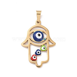 Vacuum Plating 304 Stainless Steel Enamel Pendants, Golden, Hollow, Hamsa Hand/Hand of Miriam with Evil Eye, Colorful, 28.5x20x3mm, Hole: 5x3mm(STAS-D186-05G)