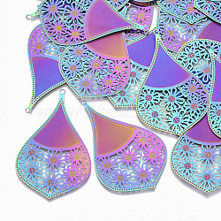 Ion Plating(IP) 304 Stainless Steel Filigree Big Pendants, Etched Metal Embellishments, Teardrop, Rainbow Color, 75x46.5x0.3mm, Hole: 1.6mm(STAS-S108-102)